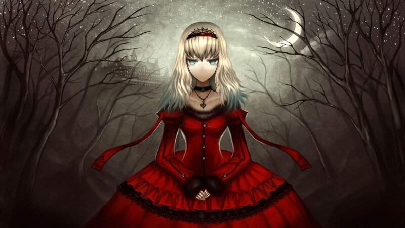 girl in red dress under moonlight