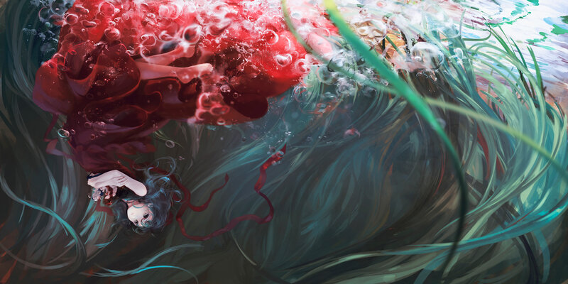 Girl in Red Dress Underwater