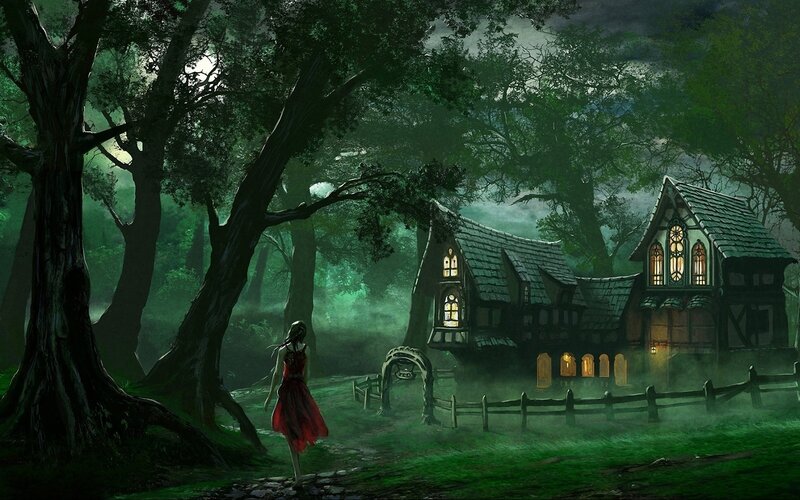 Girl in red dress walks to cottage