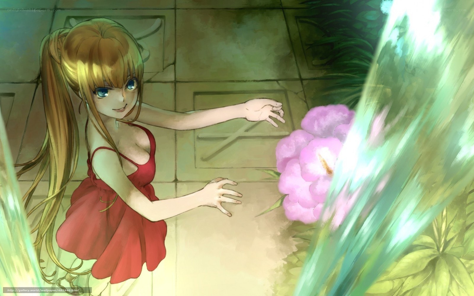 girl in red dress with flowers