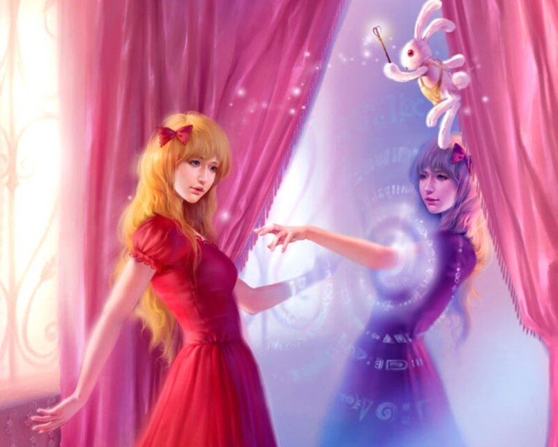 girl in red dress with magic mirror