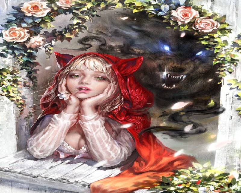 Girl in Red Hood — Dramatic, Digital Art, Wolf