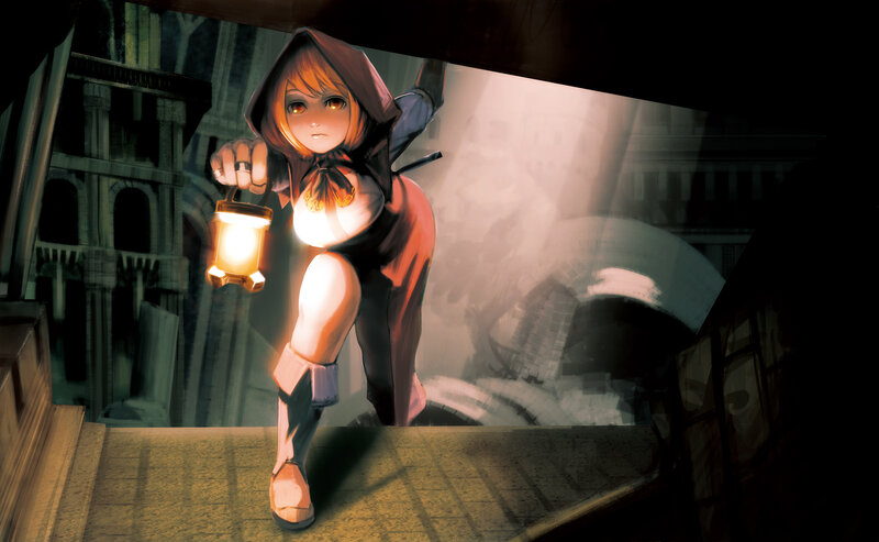 Girl in Red Hood — Dramatic, Night, Digital Art, Lantern