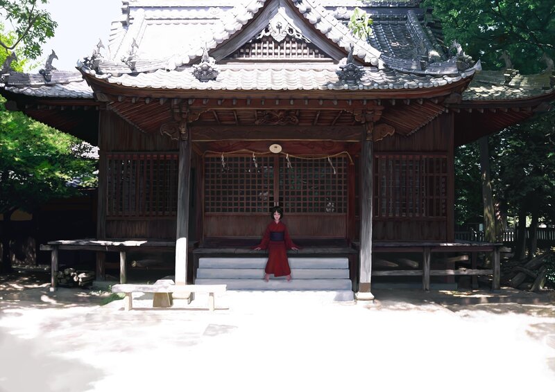 girl in red kimono at shrine