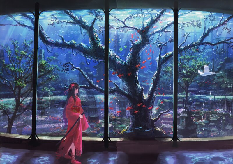 Girl in Red Kimono — Blue, Serene