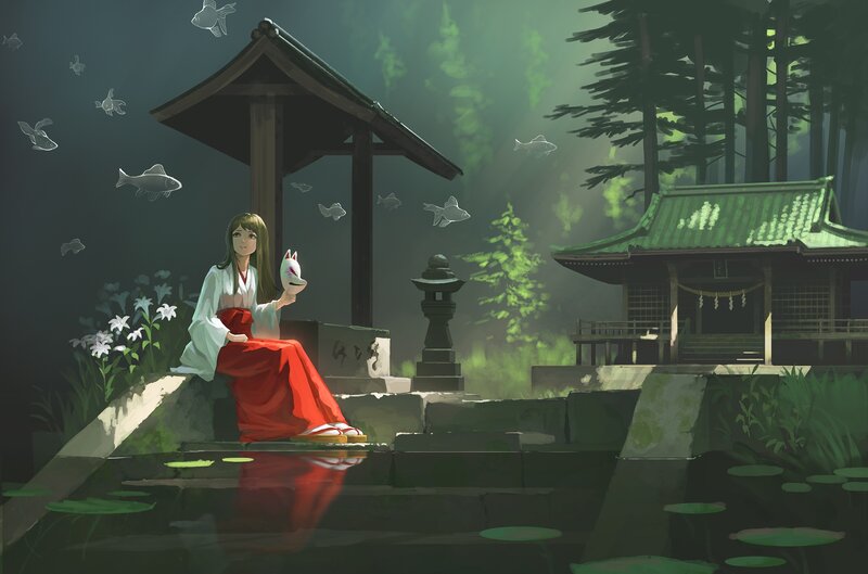 Girl in Red Kimono — Green, Serene