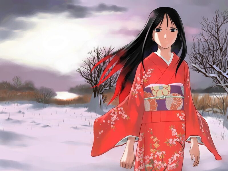 girl in red kimono in snow