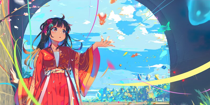 Girl in Red Kimono — Serene, Afternoon, Digital Art