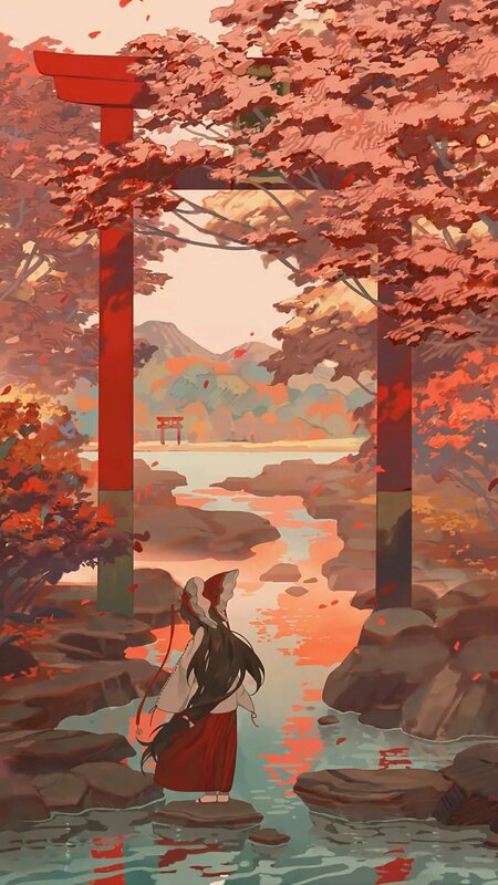 Girl in Red Kimono — Serene, Autumn, Digital Art