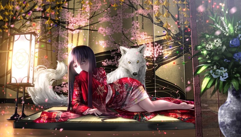 Girl in Red Kimono — Serene, Spring