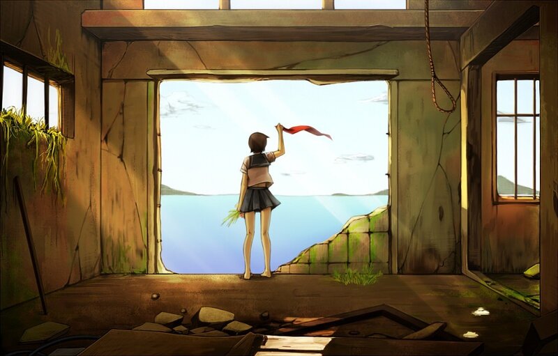 Girl in ruined building