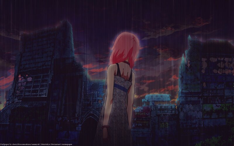 girl in ruined city at dusk