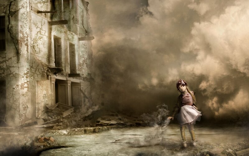 Girl in Ruined City — Brown, Dramatic