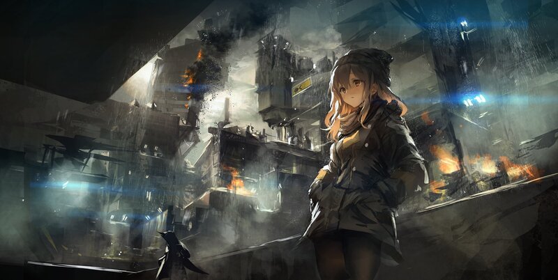 Girl in Ruined City — Gray, Dramatic, Night