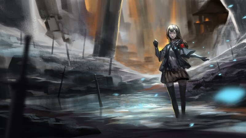Girl in Ruined City — Gray, Dramatic