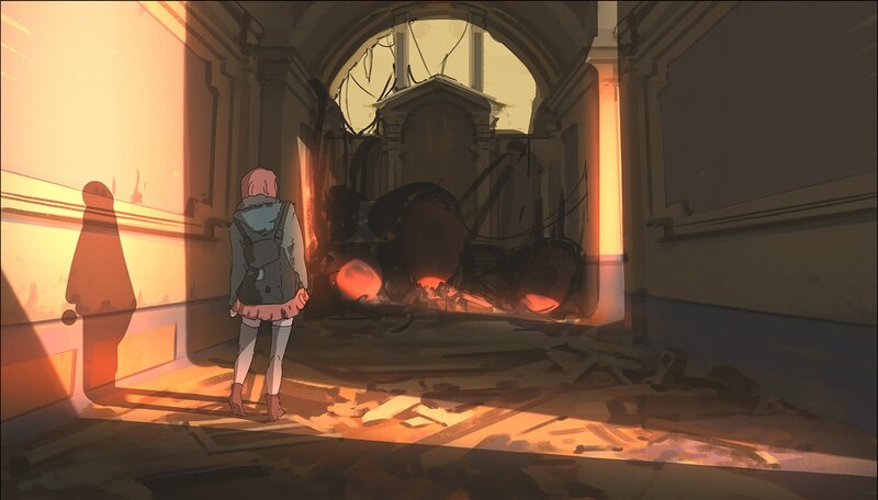 Girl in Ruined Hallway