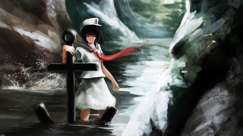 girl in sailor uniform by water
