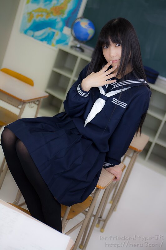 Girl in School Uniform — Blue, Calm, Photograph, Desk