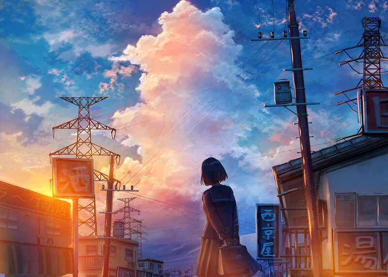 Girl in School Uniform — Blue, Dramatic, Sunset, Digital Art, Buildings