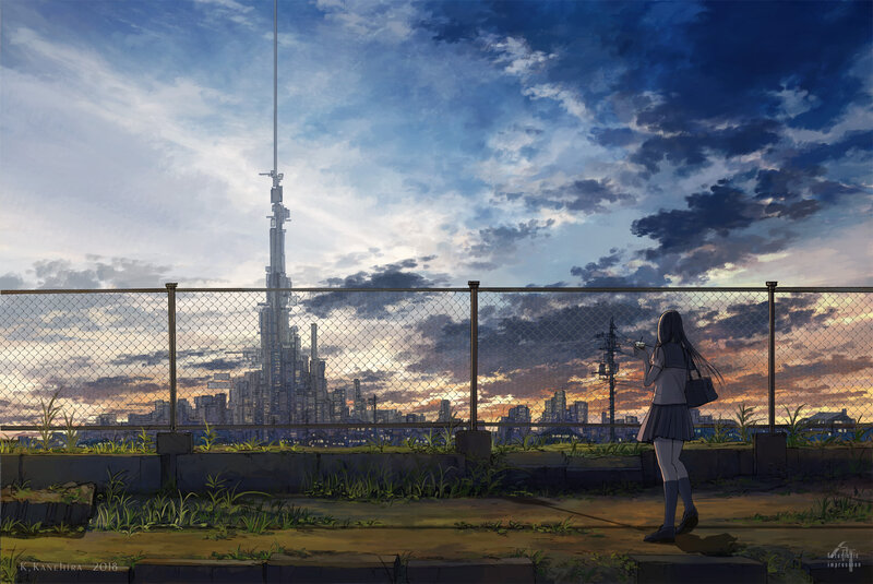 Girl in School Uniform — Blue, Dramatic, Sunset