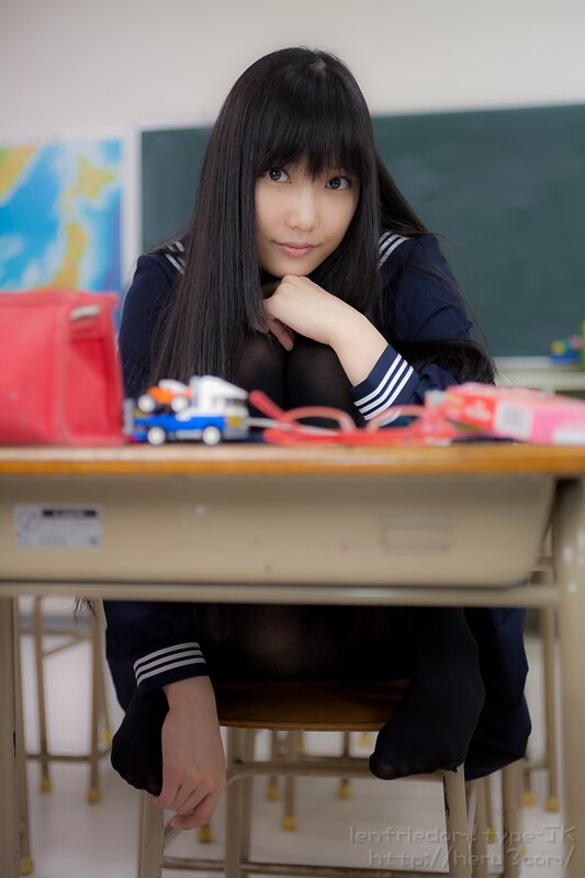 Girl in School Uniform — Blue, Neutral, Photograph, Desk, Blackboard