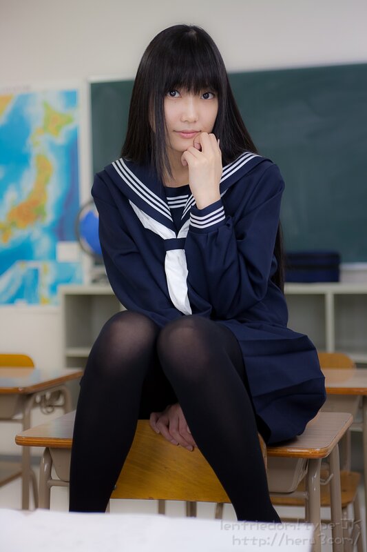 Girl in School Uniform — Blue, Neutral, Photograph, Desk