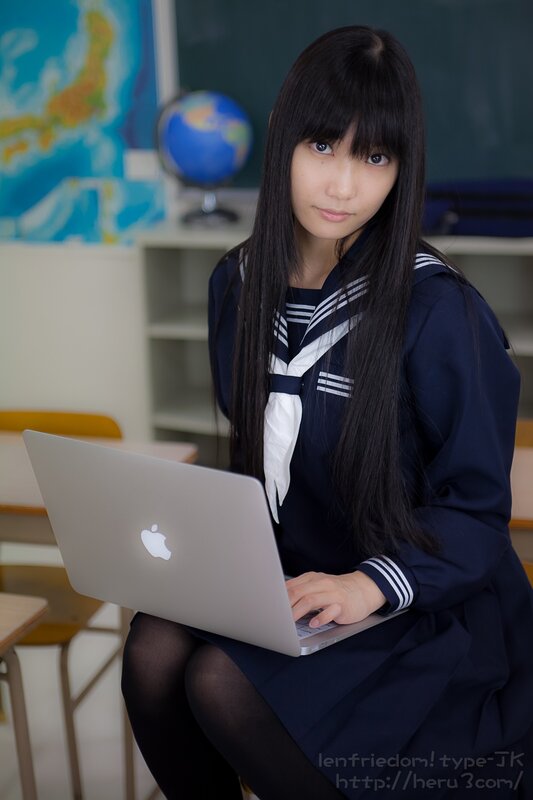 Girl in School Uniform — Blue, Neutral, Photograph, Laptop
