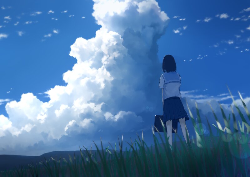 Girl in School Uniform — Blue, Serene, Afternoon, Anime, Clouds, Grass