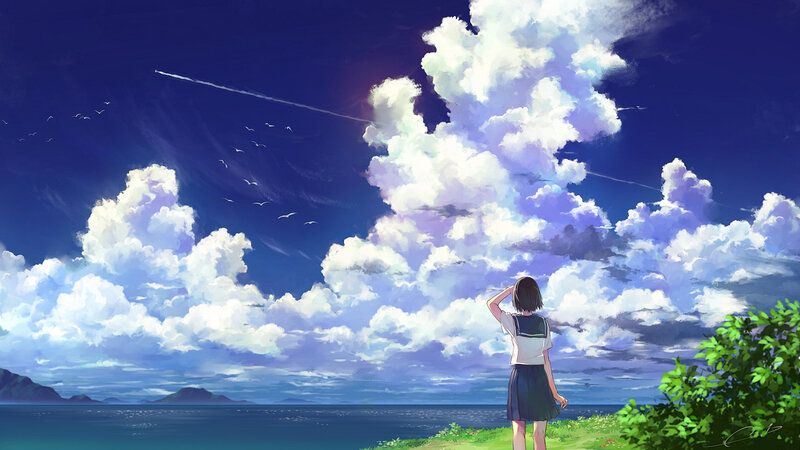 Girl in School Uniform — Blue, Serene, Afternoon, Digital Art, Clouds