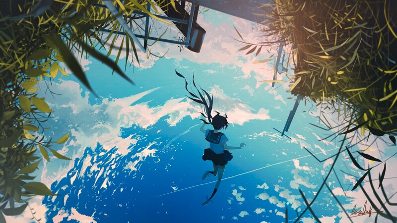 Girl in School Uniform — Blue, Serene, Afternoon, Digital Art, Plants