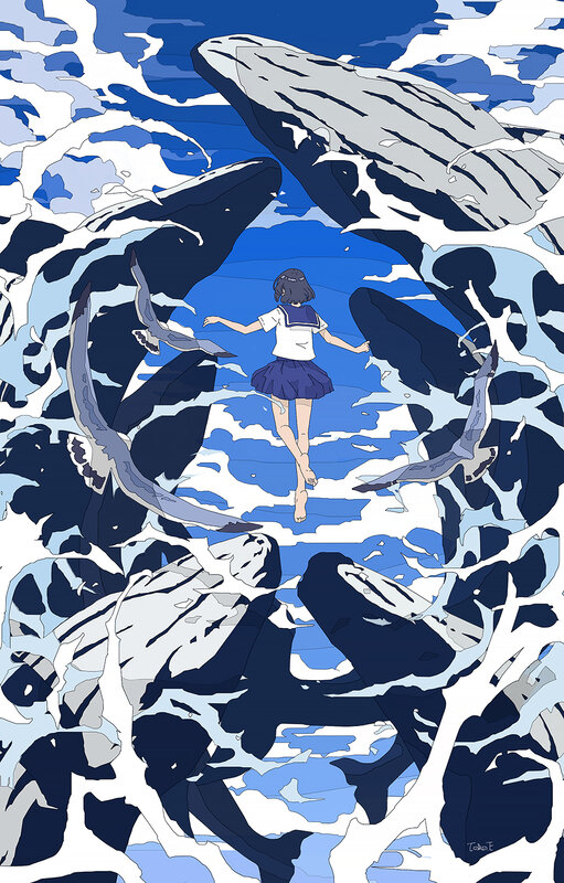 Girl in School Uniform — Blue, Serene, Digital Art, Whales