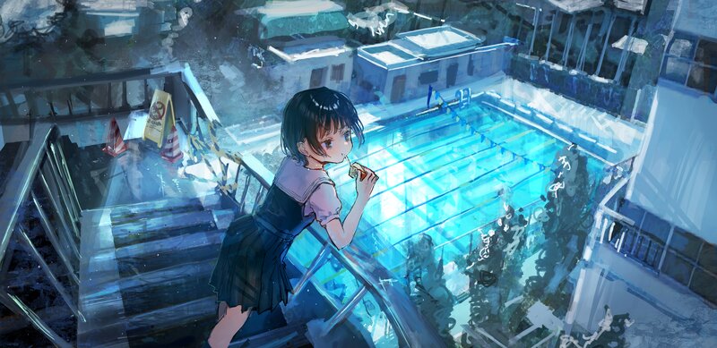 Girl in School Uniform — Blue, Serene, Night, Digital Art, Swimming Pool
