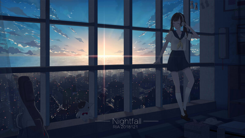 Girl in School Uniform — Blue, Serene, Sunset, Anime, Cityscape