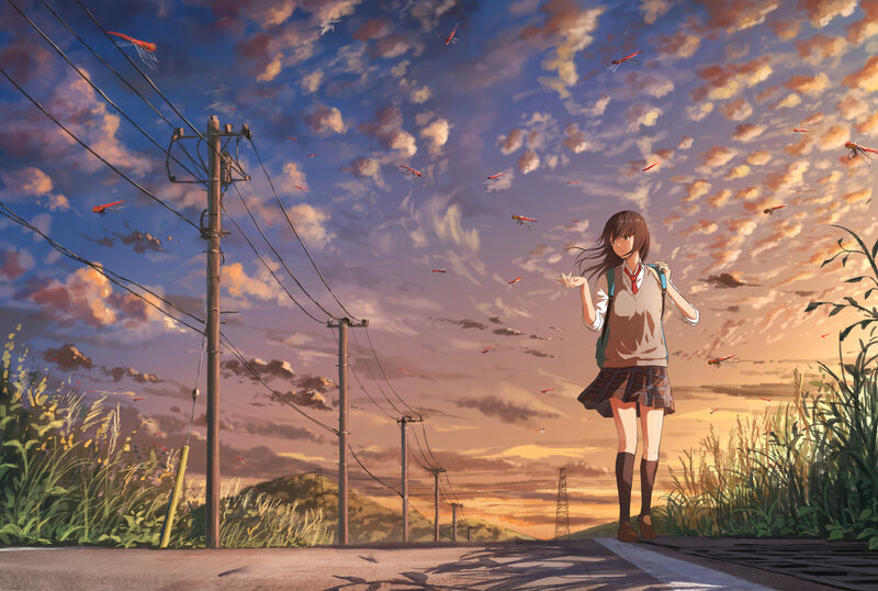 Girl in School Uniform — Blue, Serene, Sunset, Anime, Dragonflies