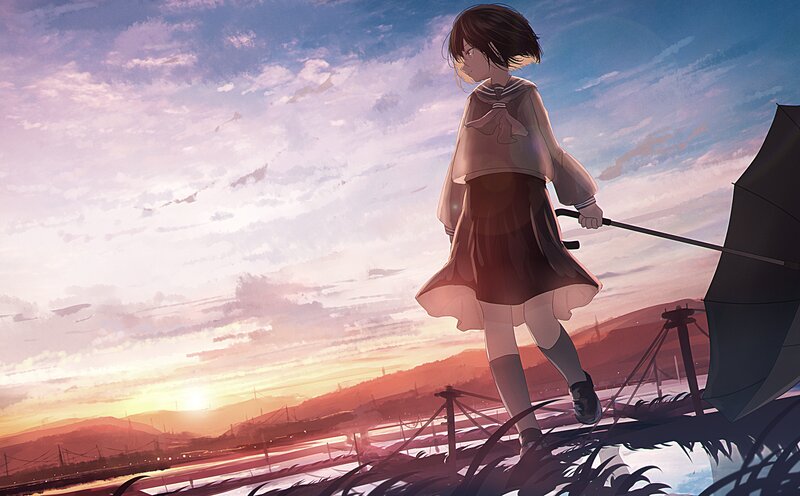 Girl in School Uniform — Blue, Serene, Sunset, Anime, Umbrella