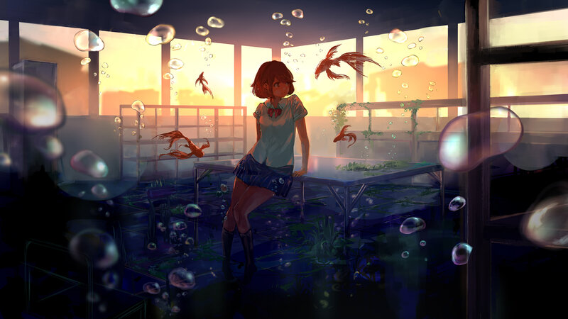 Girl in School Uniform — Blue, Serene, Sunset, Digital Art, Goldfish