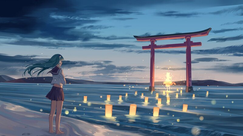 Girl in School Uniform — Blue, Serene, Sunset, Digital Art, Torii Gate