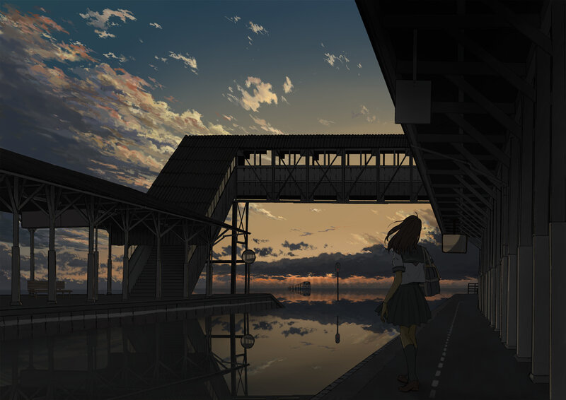 Girl in School Uniform — Blue, Serene, Sunset
