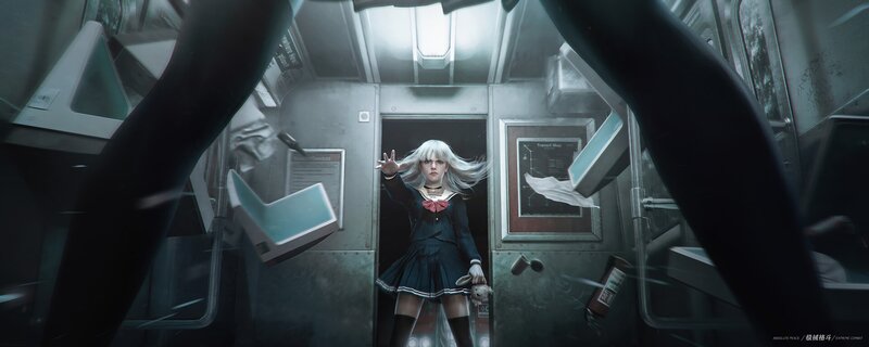 Girl in School Uniform — Gray, Dramatic, Digital Art