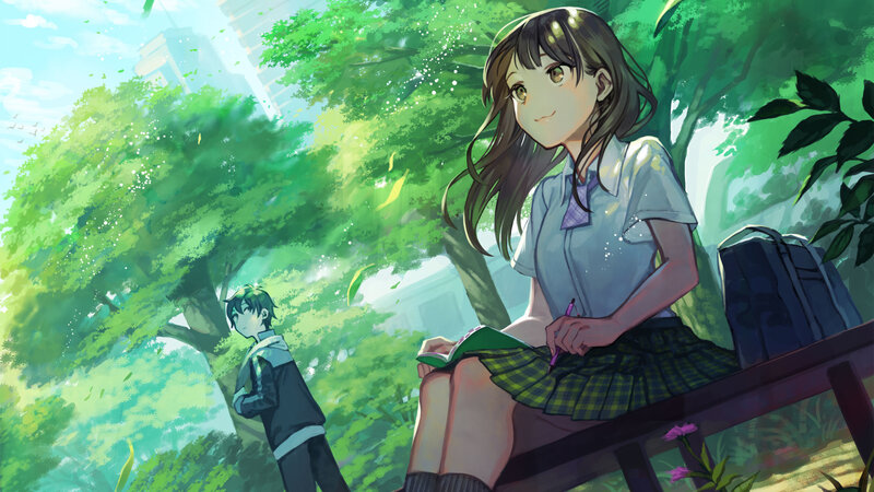 Girl in School Uniform — Green, Serene, Afternoon, Anime, Boy