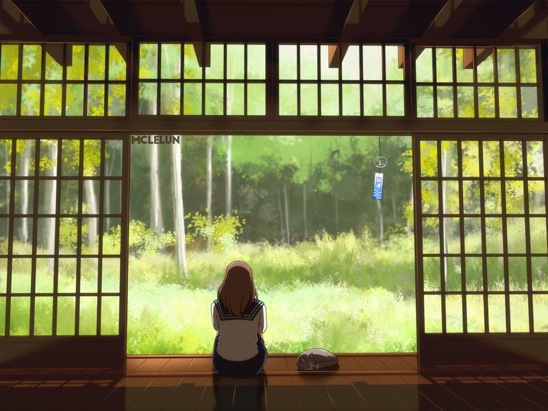 Girl in School Uniform — Green, Serene, Afternoon, Anime, Cat
