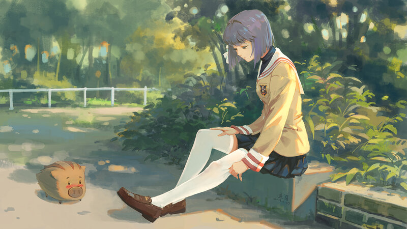 Girl in School Uniform — Green, Serene, Afternoon, Digital Art