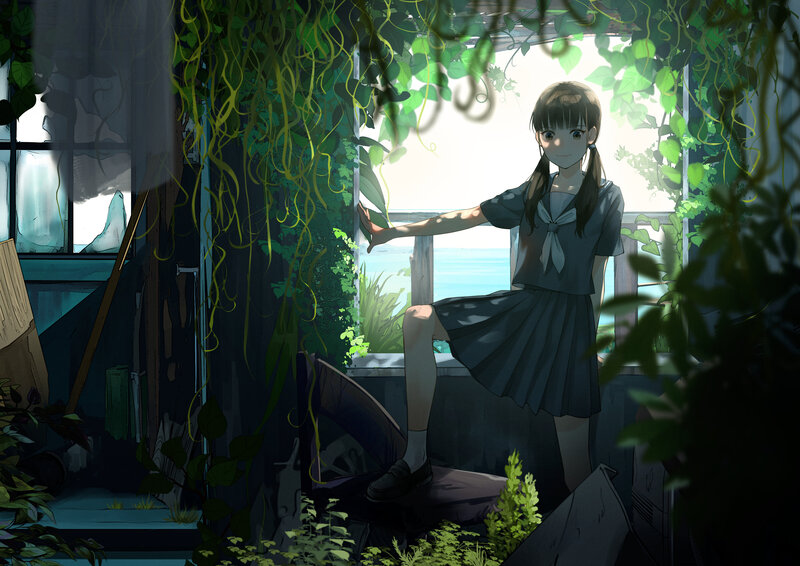 Girl in School Uniform — Green, Serene, Afternoon, Digital Art, Window