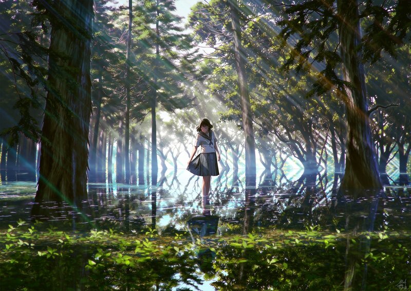 Girl in School Uniform — Green, Serene, Morning, Digital Art