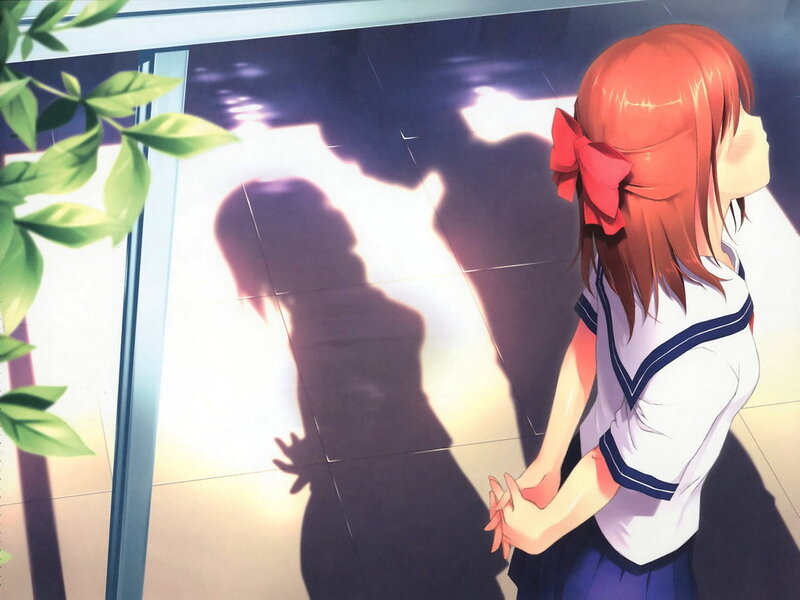 girl in school uniform looking at shadow