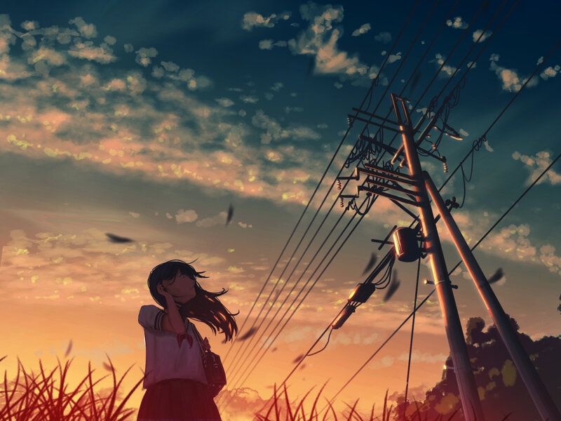 Girl in School Uniform — Orange, Dramatic, Sunset, Anime