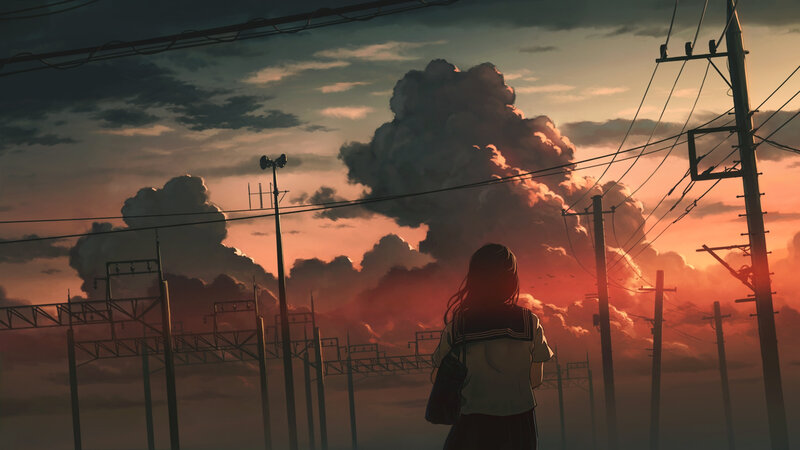 Girl in School Uniform — Orange, Dramatic, Sunset, Digital Art