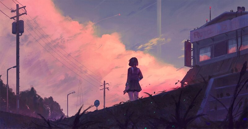 Girl in School Uniform — Pink, Dramatic, Sunset