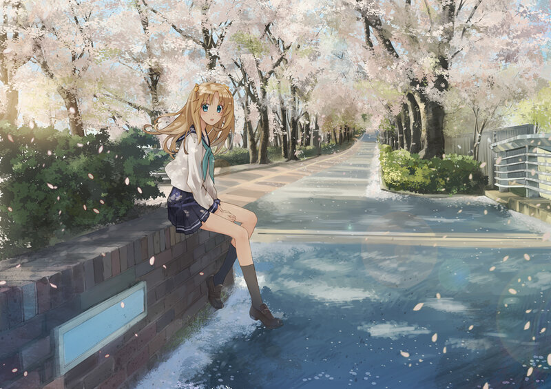 Girl in School Uniform — Pink, Serene, Spring, Anime