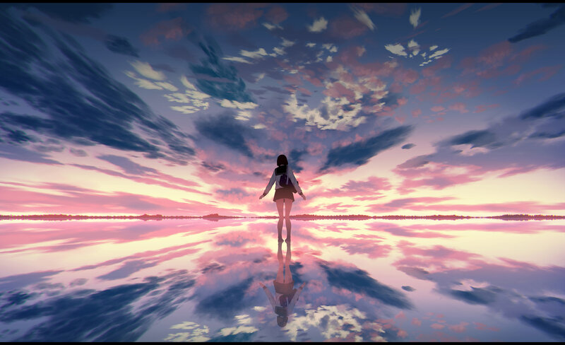 Girl in School Uniform — Pink, Serene, Sunset, Digital Art, Sky